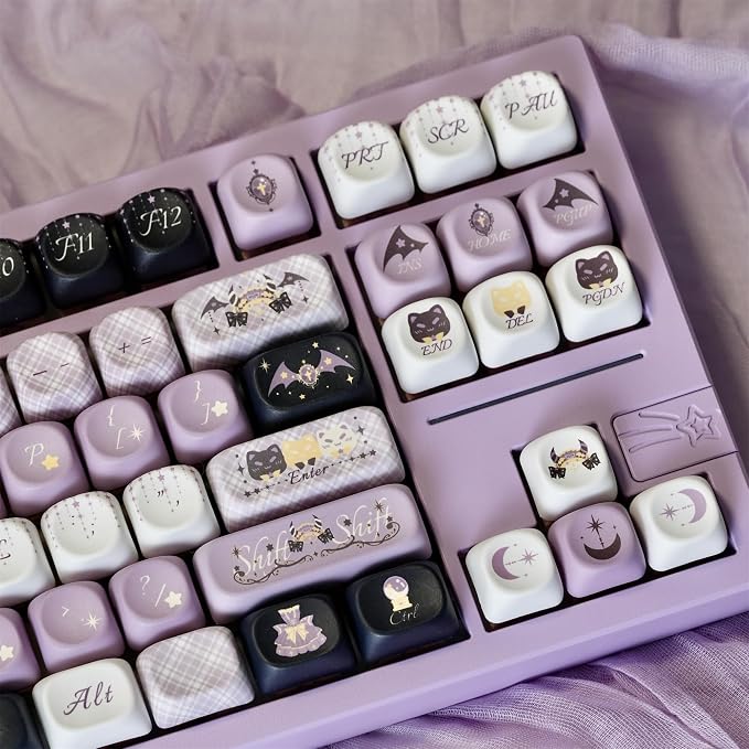 Custom Keyboard Keycaps,MOA Profile Halloween-Themed Keycaps PBT Dye-Sublimation 129 Keys Full Size Key Caps Set for Cherry MX Switches Mechanical Gaming Keyboard DIY (Purple-Witch)