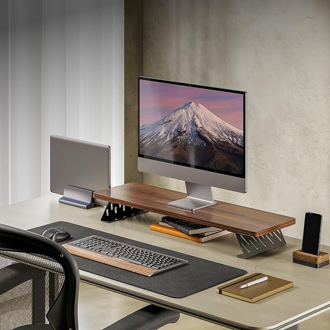 Fenge Monitor Stand Riser, 31.5 Inch Desk Top Shelf for 2 Monitors, Computer Stands for Desk, Wood & Steel Desktop Riser for Laptop, PC, Printer