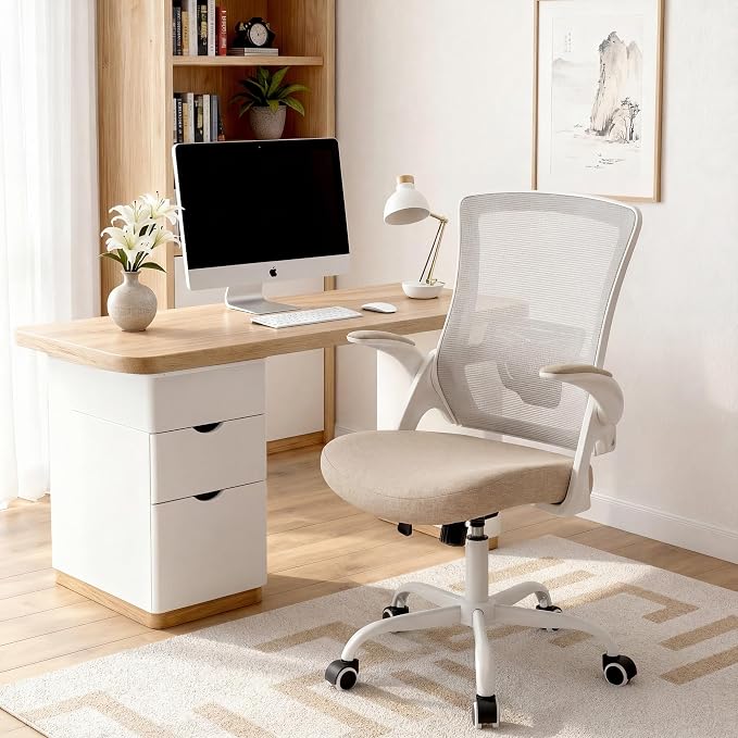 NEO CHAIR Office Chair High Back Desk Mesh Chair Comfy Computer Gaming Seat with Adjustable Ergonomic Lumbar Rolling Flip-up Armrests and Wheels (Beige)