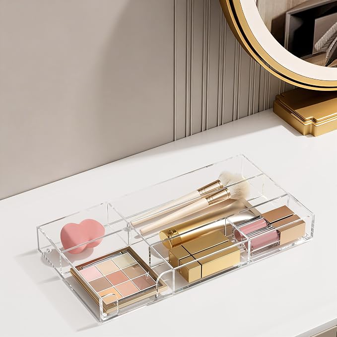 HBlife Acrylic Desk Drawer Organizer Tray with 6 Compartments, Small Clear Office Drawer Organizers and Accessories for Pens, Pencil, Makeup, Desktop, Bathroom and Kitchen, 11.65 x 6.1 x 1.38 Inch