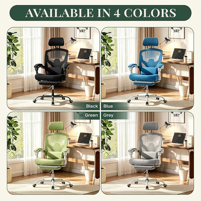 Ergonomic Office Chair with Footrest, High Back Home Desk Chair with Lumbar Support & Headrest, 90-135° Reclining Mesh Back Computer Chair with Wheels for Work, Gaming, Green
