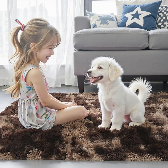 Area Rugs 9x12 Living Room, Large Area Rug Shaggy Carpet Soft Plush Furry Bedside Rug, Machine Washable Area Rugs for Bedroom Home Decor Non-Slip(9 x 12, Dark Coffee Tie-Dyed)
