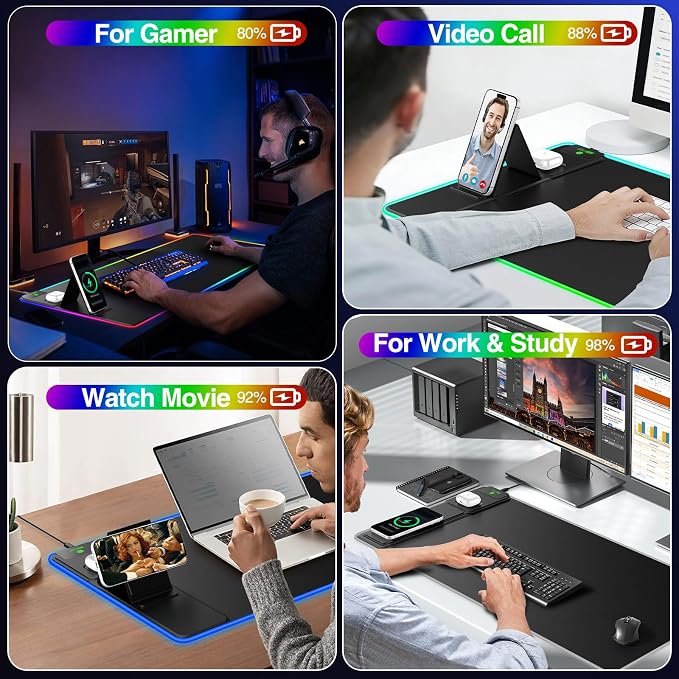 XXL RGB LED Gaming Mouse Pad with Magnetic Wireless Charger & Foldable Phone Holder, 31.5"x15.8" Extended Ultra-Smooth Desk Mat, 25 Lighting Effects, Non-Slip Base, Includes 20W PD Adapter