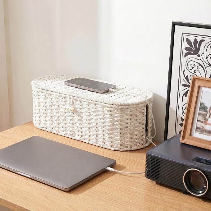 Set of 2 Cable Management Box, Handwoven Cord Hider Box with 3 Open Slots | Cable Organizer Box with Lockable Lid, Cord Storage Box to Hide Power Strip, Router, USB Hub, TV Wires for Home, Office