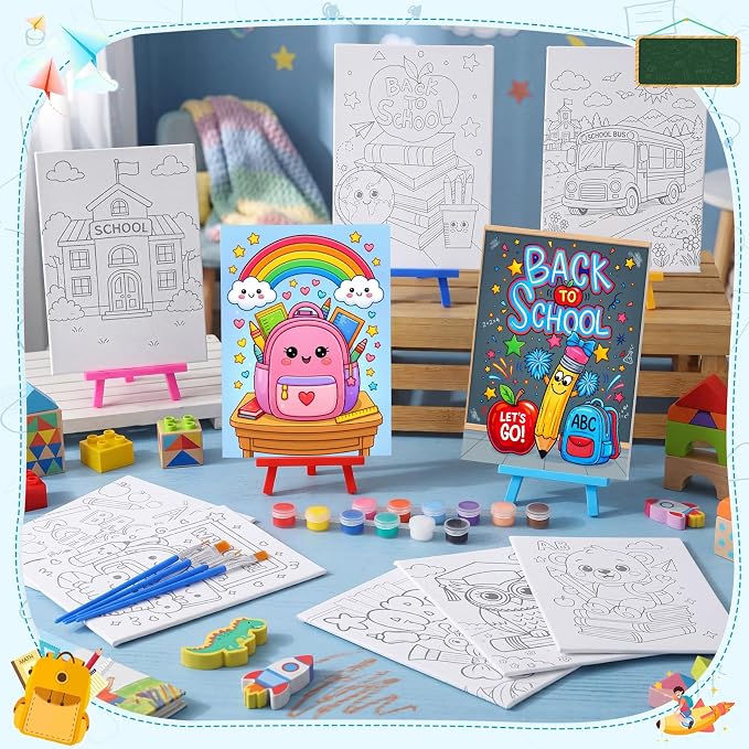Blosssound 10 Set Back to School Pre Printed Canvas Pre Drawn Canvas Painting with Easel Kits 5" x 7" Outline Painting Panels for Beginners, DIY Craft Project, Party Favor, Home Decors