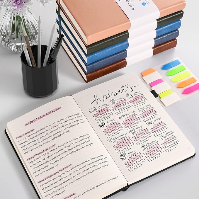 5 Pack College Ruled Notebook, 312 Numbered Pages Thick Notebooks Bulk, 100gsm No Bleed Paper Hardcover Leather Journal, Lined Journal Notebook Set for Women Men School Office, A5, Multicolor