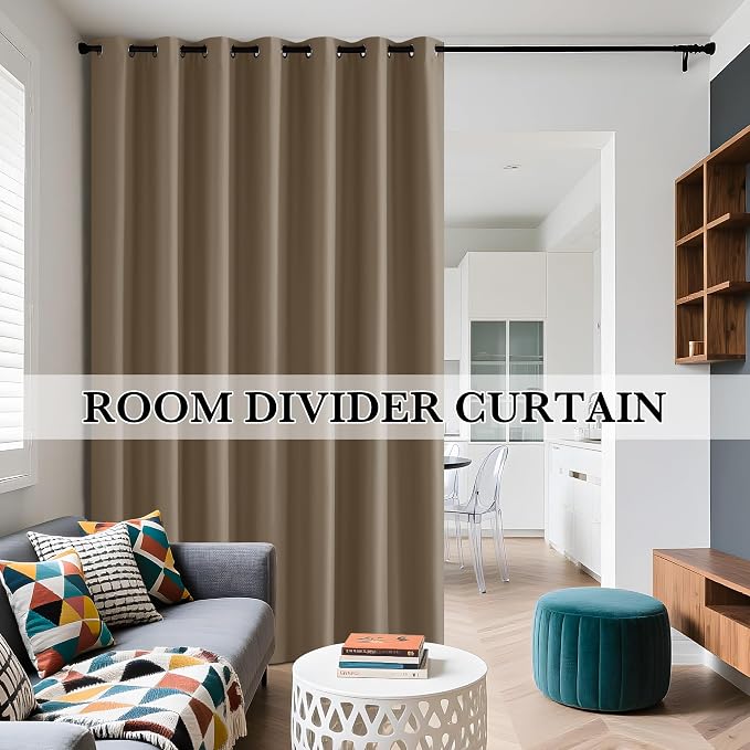 RYB HOME Extra Wide 100% Blackout Patio Door Curtain 96 inch Long, Grommet Room Darkening Room Divider Drapes, Sliding Door Curtains for Living Room/Bedroom Large Window, Mocha, W100 x L96