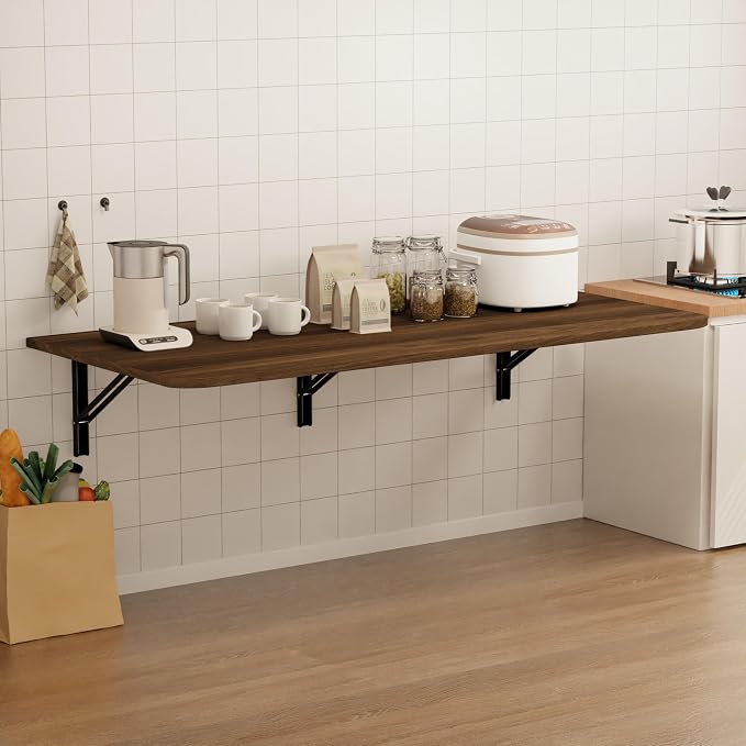 IAE Wall Mounted Floating Foldable Desk, 55" x 22" Folding Computer Workstation Table with Engineered Wood and Metal Shelf Brackets,Fold&Floating Design for Home Office, Apartment,Laundry Room,Walnut