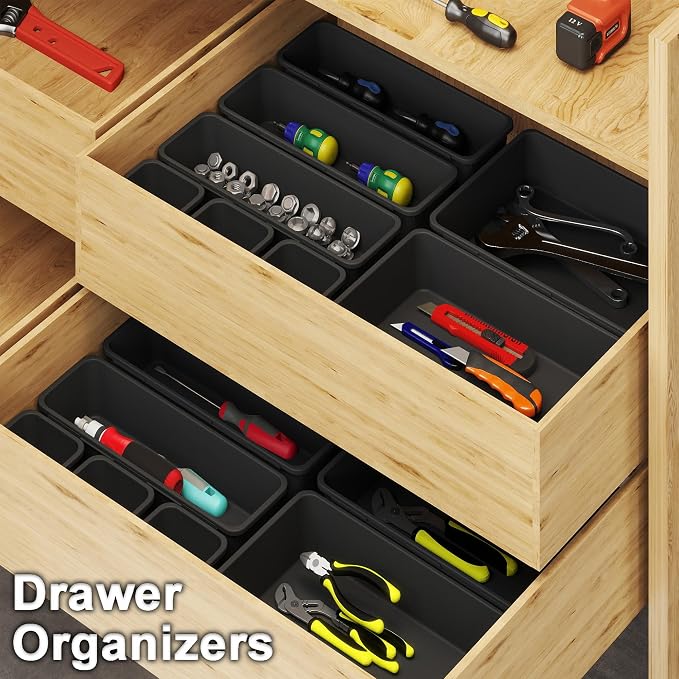 QUELIEN Desk Drawer Organizer Tray Set, 8PCS Plastic Drawer Organizer Bins for Office, Makeup, Kitchen - Gray Blue Desk Organizer with Flexible Interlocking Design for Efficient (Gray Blue, 8PCS)
