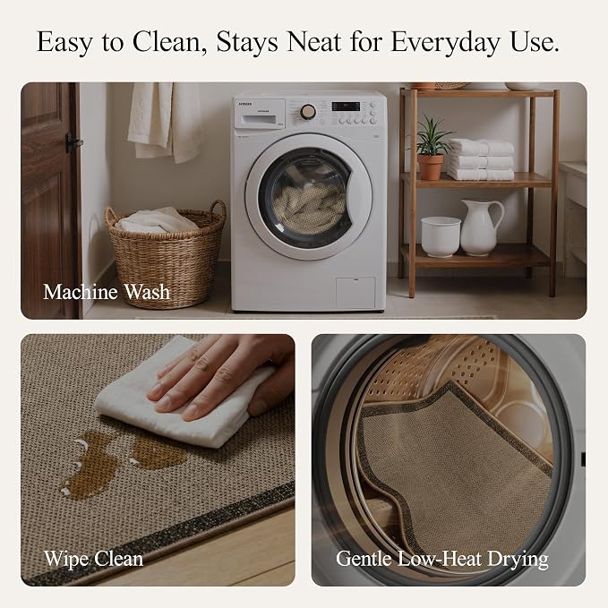 GENIMO Kitchen Rugs, Washable Non Slip Runner Cushioned Mats for Floor | 23.6"x71", Beige Border geometric rug, checkered easy jute, easy-clean for laundry, entryway, sink, hallway, farmhouse