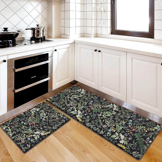SHACOS Botanical Kitchen Rugs Set of 2, 17x27.5+17x47 inch | Black Green Anti Fatigue Mats for Kitchen Floor, Greenery Plants Ergonomic Cushioned Mats Leaf Floral Farmhouse