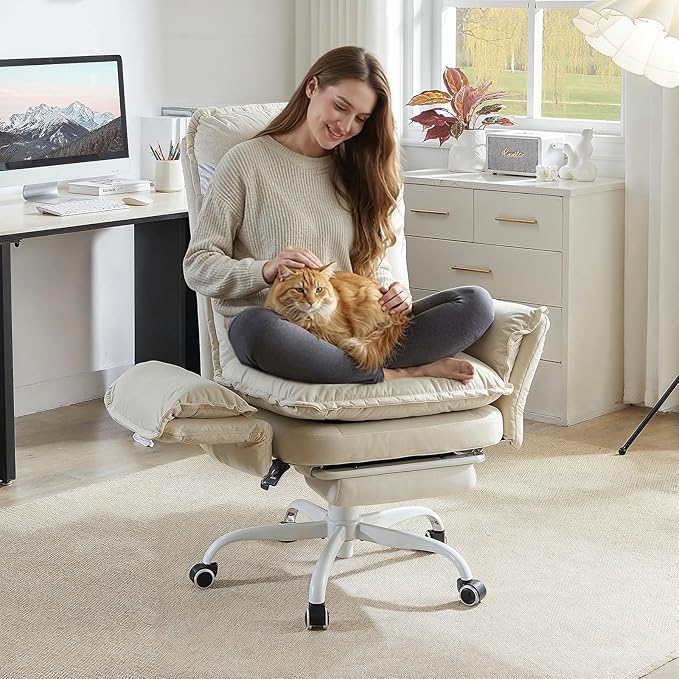 Bestier Criss Cross Office Chair with Flip-Up Armrests, High Back Executive Chair with Footrest & Wheels, Cross Legged Desk Chair for Home Office, Beige Velvet