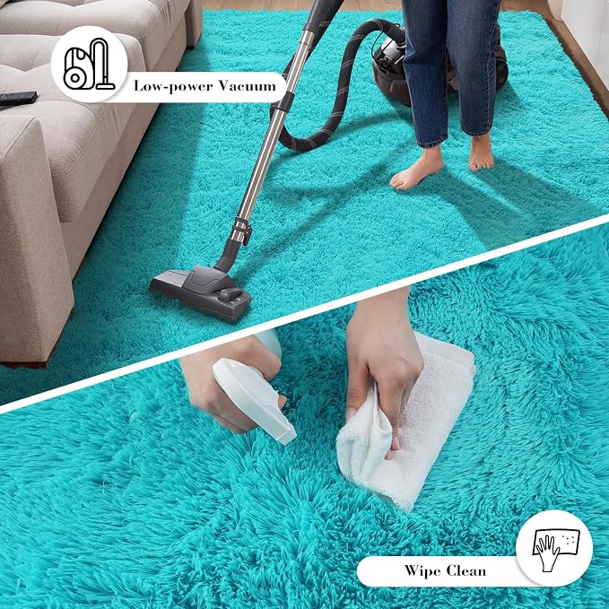 Teal Blue Rug Fluffy Rugs, 2x6 Teal Area Rugs for Bedroom, Soft Play Mat, Indoor Floor Carpet for Teen, Preppy Dorm, Plush Aesthetic Bedside Rug