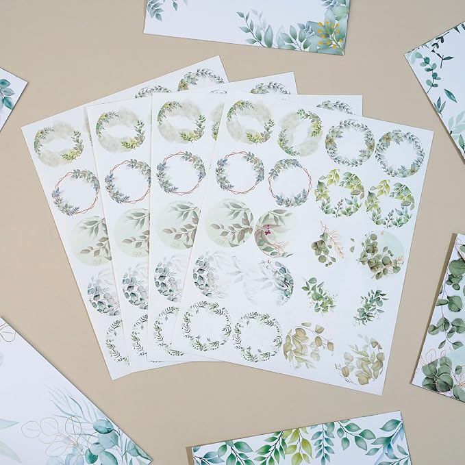 Stationery Paper Envelopes Set 160 Pcs - 50 Lined Writing Paper, 50 Envelopes, 60 Dot Stickers, Vintage/Floral/Leaf/Watercolor Multi-Style Options (STATIONERY-160PCS-LEAF)
