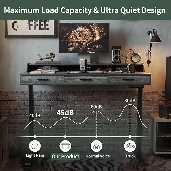 FEZIBO Electric Standing Desk 55x26 Inches with 3 Wood Drawers and Monitor Shelf, Height Adjustable Computer Desk, Ergonomic Rising Home Office Desks, Sit Stand Up Workstation Table, Rustic Grey