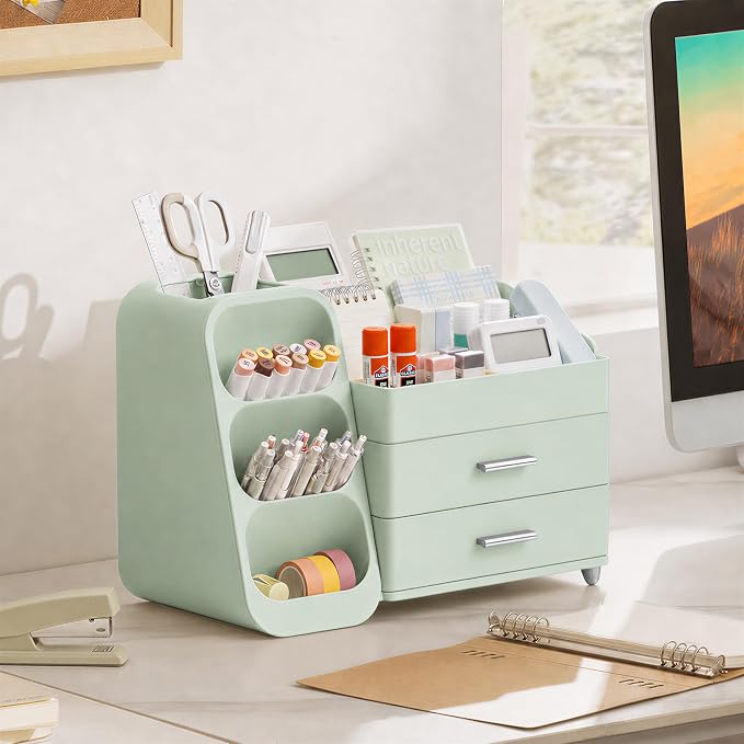 HBlife Desk Organizer with Pen Pencil Holder for Desk, Pen Organizer with 2 Drawers, Desk Organizers and Accessories with 4 Compartments, Desktop Storage for Office Home School Art Supplies, All Green