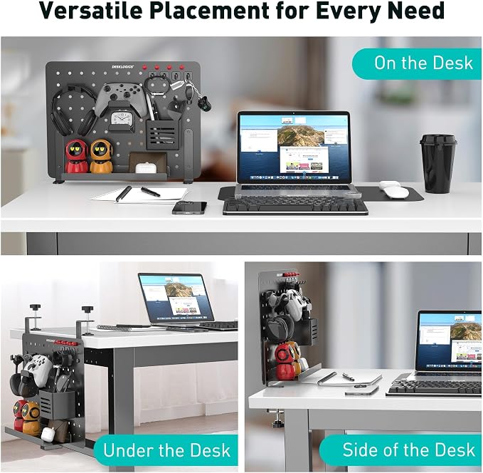 Clamp on Desk Pegboard 16.5"x12.6", Black Heavy Duty Steel Desktop Organizer with 4 Magnet Pins, No-Drill Metal Peg Board Mount for Office & Gaming, Horizontal/Vertical
