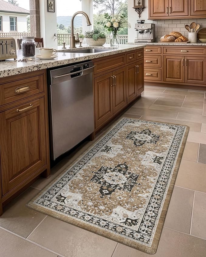 DEXI Kitchen Floor Mats Cushioned Anti Fatigue, 23x59 Rubber Wide Standing Comfort Runner Rug, Waterproof Retro Floral Memory Foam Padded for Front Sink Laundry, Black and Brown