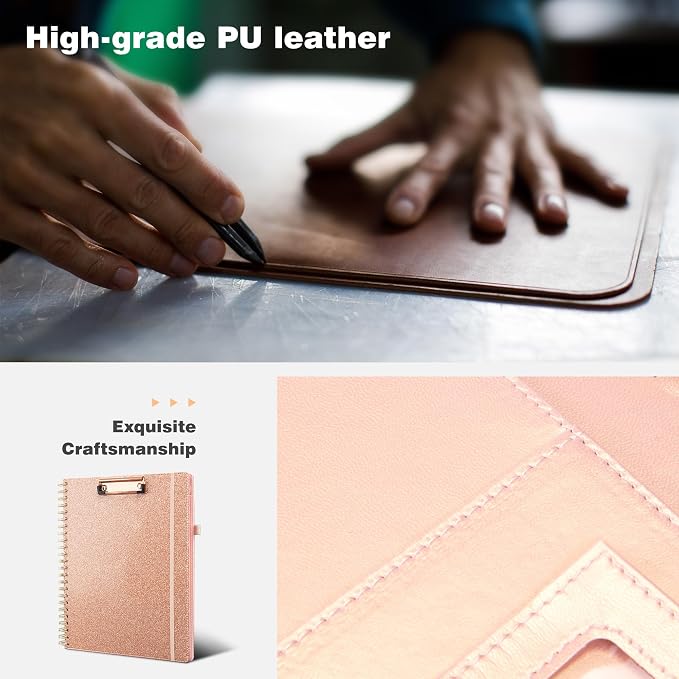 Ospelelf Clipboard with Storage Spiral Clipboard Folio for Letter Size,Organizer Folder with Zipper Pouch and 5 Dividers,Leather Portfolio for Office, School Rose Gold
