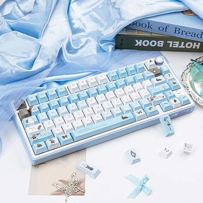 PBT keycap Set 145 Keys Cherry Profile, Blue White Lily Themed Aesthetic Keycaps Custom Dye-Sub Keyboard Keycaps for 60% 65% 70% 75% Cherry Gateron MX Switches Mechanical Keyboards