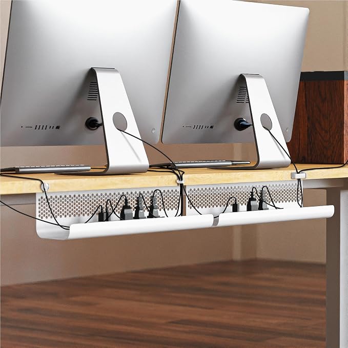 KHAMAL Cable Management Under Desk 26PCS - Cable Management Tray Kit Ventilated Hexagonal Design with Cable Clips, Wire Ties, Cord Holder & Screws for Office, Home - 2 White Sets