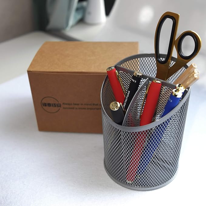 Fengtaiyuan T07, Silver Metal Wire Mesh Pencil Holder, Desktop Organizer (Silver-T07)