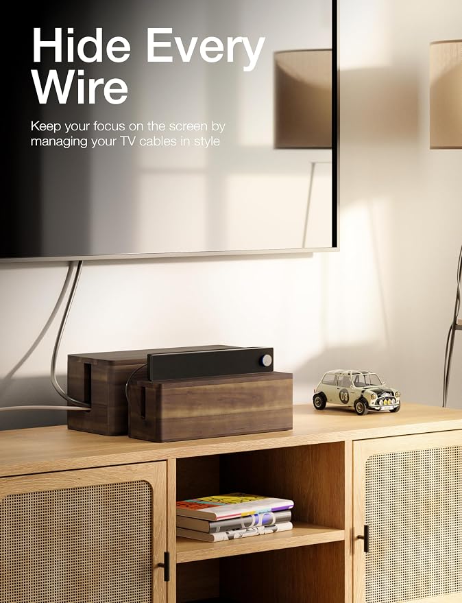 TIDITA Set 2 Wooden Large Cable Management Box Round Edge (Walnut Color) | Set of 2 Sizes, Cable Slots, Magnetic Lid, Non-Skid Pads, Solid Acacia Wood, Wooden Power Strip Box, Surge Protector Box
