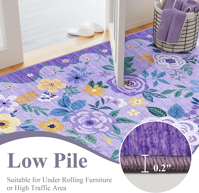 DUKINO 2x8 Runner Rug for Hallway, Washable Kitchen Runner Rug with Rubber Backing Non Slip, Low Pile Soft Boho Floral Thin Carpet for Entryway, Hallway, Bathroom, Laundry Room, Purple