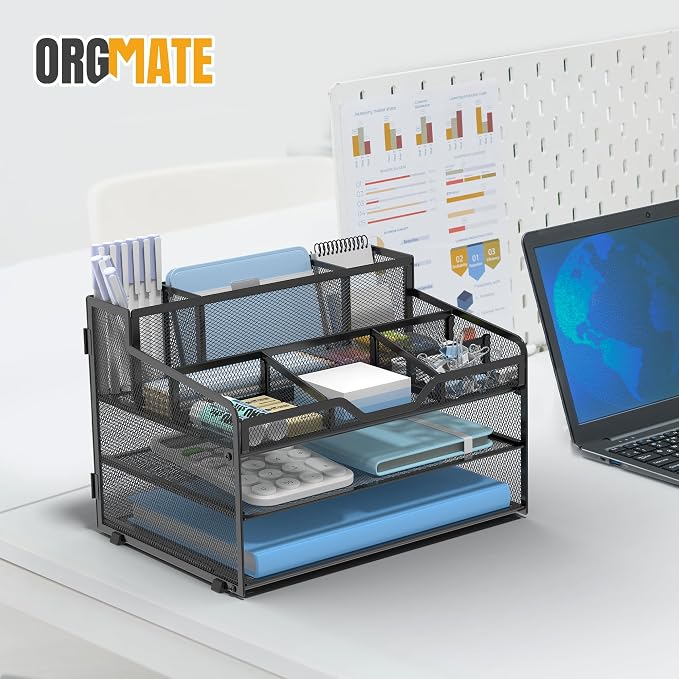 3 Tier Mesh Paper Desk Organizer with Pen Holders, Black | Features 3 pen holders, and 5 adjustable compartments for office school home desk storage