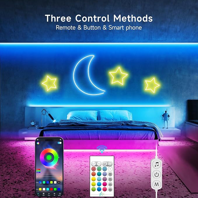 KANTUTOE LED Neon Rope Lights, 16.4ft RGB LED Light Strip, 24V Music Sync App/Remote Control DIY Rope Light, IP67 Waterproof Gaming Neon Strip Lights for Bedroom Indoor Oudoor Décor