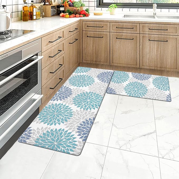 HEBE Anti Fatigue Kitchen Rugs Set of 2, Cushioned Kitchen Mats for Floor | Non Slip Washable Kitchen Runner Rug Set, Floral Stain Resistant Waterproof Comfort Mat Carpet for Sink, Standing Desk