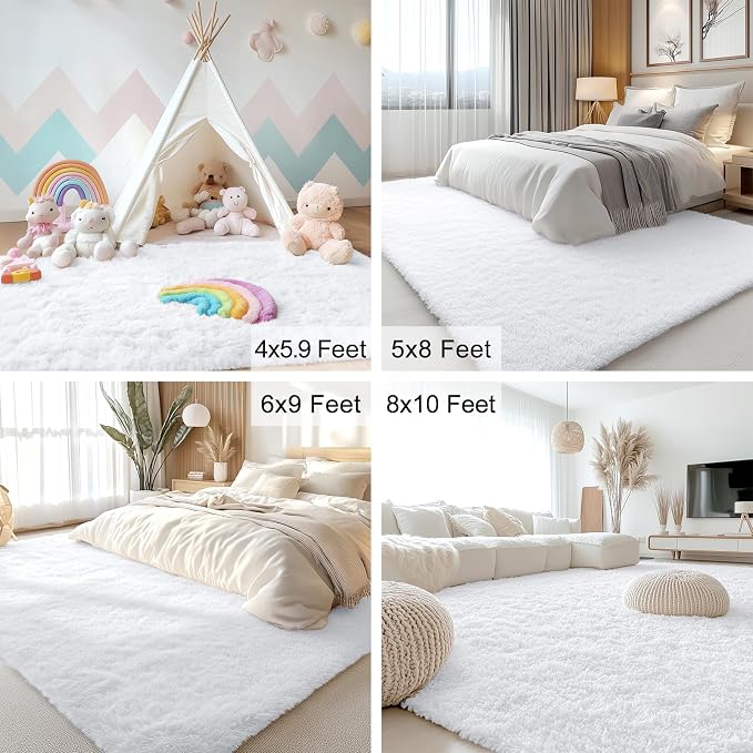 OLANLY 6x9 Machine Washable Large Area Rugs for Living Room, Bedroom, Soft Fluffy Shaggy Bedside Rug, Indoor Floor Carpet for Kids Girls and Boys, Dorms, Nursery, Home Decor Aesthetic, White
