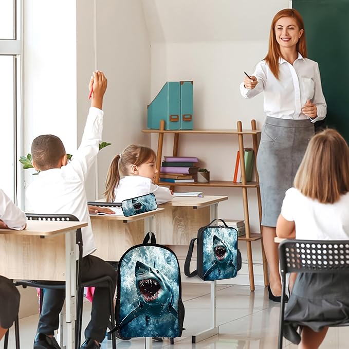 3PCS Shark Print Backpack for Boys Girls Teens, School Backpack with Lunch Box Pencil Case for Elementary Middle High Students, 17 Inch Lightweight Bookpack 3 in 1 Set Back to Shool Gifts for Kids