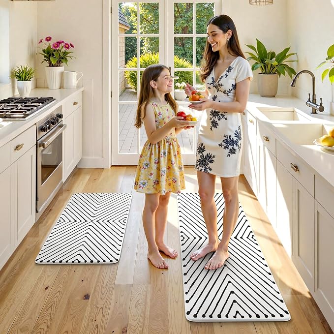 KIMODE Kitchen Mats Cushioned Anti Fatigue,Geometric Kitchen Rugs Sets of 2 | Non Slip Waterproof Kitchen Floor Mats,Comfort Standing Mats for Laundry Office Sink Desk 17"x47"+17"x29" Black Diamond Decor