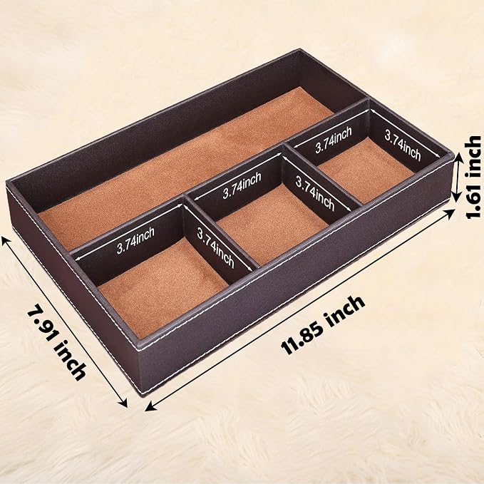 Leather Valet Organizer Nightstand & Dresser Storage Tray (Brown) | Stackable, Entryway Desk Catchall Tray for Keys Wallet Watch Phone, Bedside Desktop PU Leather Drawer Caddy Tray for Men