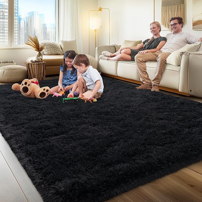 8x10 Area Rugs for Living Room, Black Fluffy Shaggy Rug Soft Carpets, Big Rugs for Bedroom Nursery Kids Room Dorm Home Decor Aesthetic