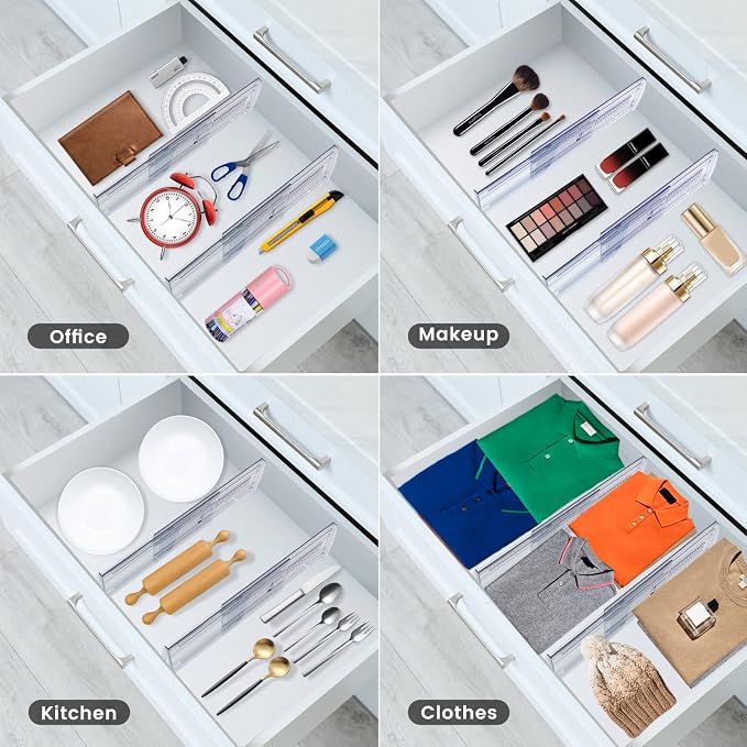 6 Pack Adjustable Drawer Dividers for Clothes,5" High Expandable From 13-21" Clear Drawer Organizers, PC Plastic Separators for Dresser/Bedroom/Bathroom/Kitchen/Office Storage