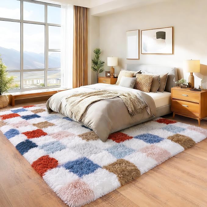 Checkered Rug for Bedroom 5x7, Ultra Fluffy Fuzzy Shag Area Rugs for Living Room, Anti-Skid Indoor High Pile Soft Rug Carpet for Living Room Kids Room Nursery, Dorm Home Decor, Red and Blue Colorful