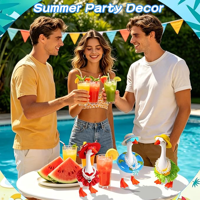 Desk Goose Key Holder 7 Inch Mini Figurine with 6 Set Summer Hawaiian Outfits,Summer Holiday Desktop Magnetic Small Proch Goose Resin Statue Set for Home Office Bedroom Office Table Decor