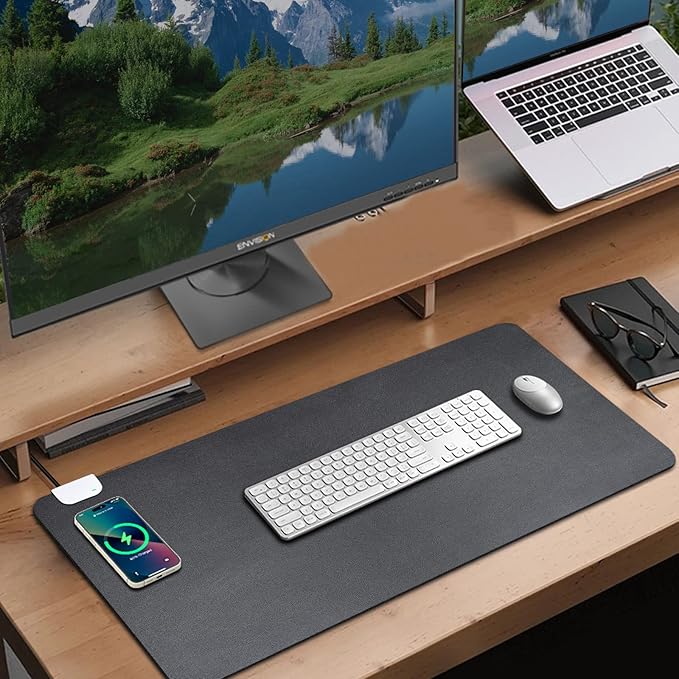 Leather Desk Pad Protector, Mouse Pad Large, Office Desk Mat On Top of Desks, Black Desk Mat for Desktop, Wireless Charging Mouse Pad, Waterproof Computer Keyboard Mat for Gaming 35.4"X16.5"X1.6"