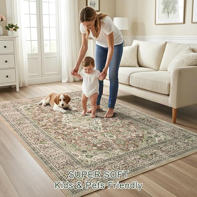 Green Washable Vintage Non Slip Area Rug, 8x10 Boho Floral Living Room Rugs, Soft Low Pile Indoor Mat, Aesthetic Pattern Carpet for Bedroom Kitchen and Dining Room