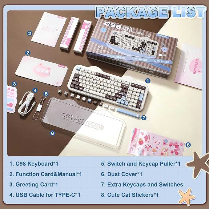 YUNZII C98 Wireless Mechanical Keyboard with Number Pad,98 Key BT5.0/2.4G/USB-C Hot Swap Gasket Mount with PBT MOA Keycaps,Custom RGB,Cute Cake Keyboard for Win/Mac (Choco, Milk V2 Linear Switch)