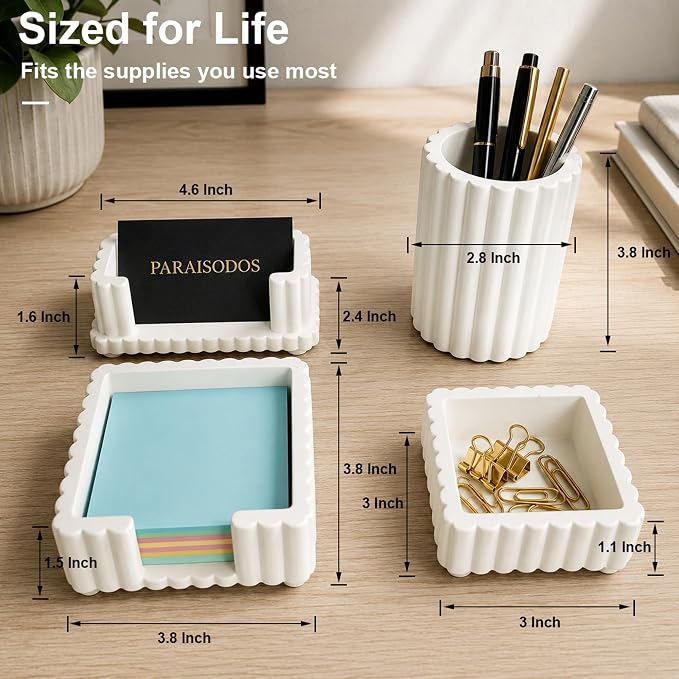 Concrete Desk Organizer Set of 4, Modern Desk Accessories, White | Pen holder, Sticky note holder, Paper clip tray, Business card holder, Soft anti-slip pads, For home and office use