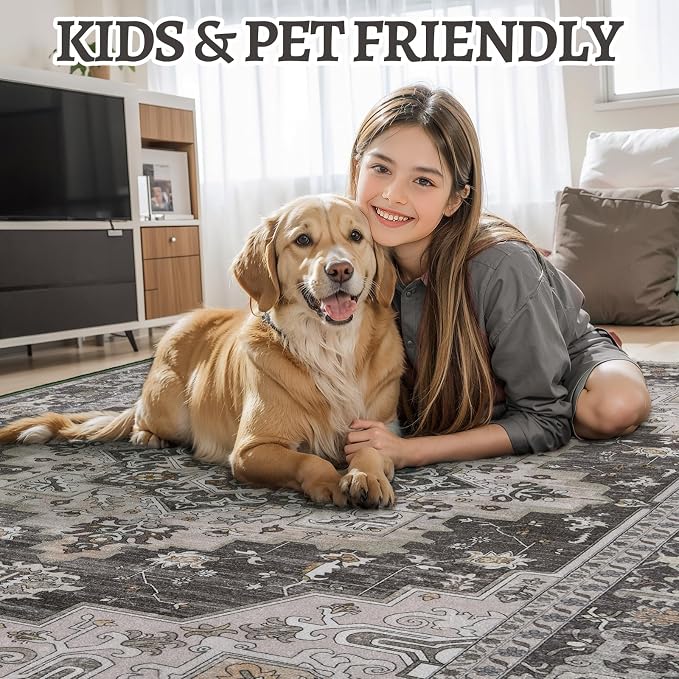 Tangsoo 8x10 Area Rug for Living Room, Washable Vintage Rugs Indoor Boho Non Slip Large Area Rugs, Oriental Print Carpet, Soft Low Pile Rug Foldable Floor Rug for Bedroom Dining Room Grey/Taupe