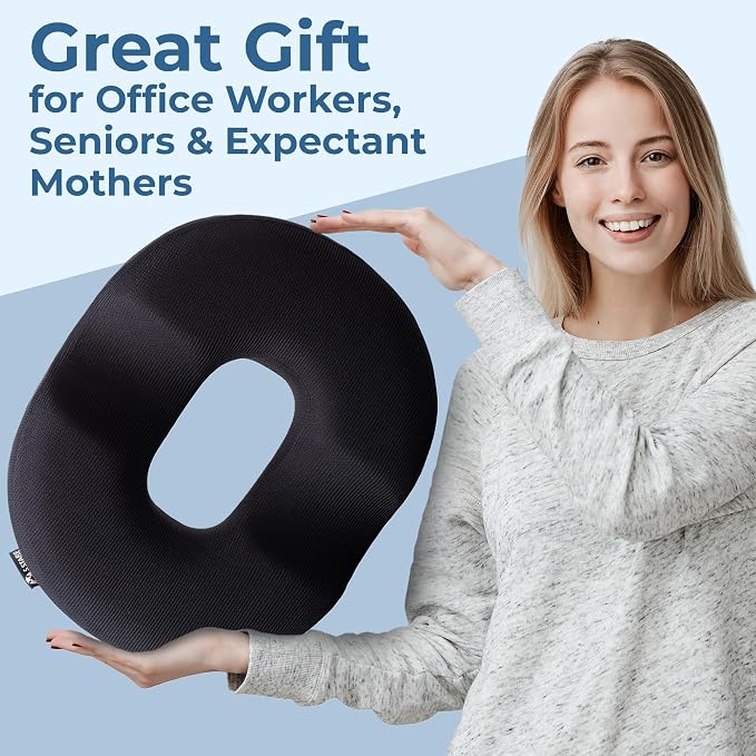 5 STARS UNITED Donut Pillow for Tailbone Pain & Hemorrhoids โ Large Memory Foam Seat Cushion with Cooling Gel Layer for Bed Sore-Prone Areas & Pressure Relief โ Black Mesh Cover