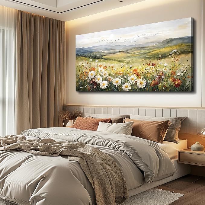 FUHAIHUA Canvas Wall Art For Living Room Large Framed Wall Decor For Bedroom Modern Office Wall Decorations Prairie Flowers Landscape Painting Farmhouse Pictures Artwork Home Decor 20" x 40"