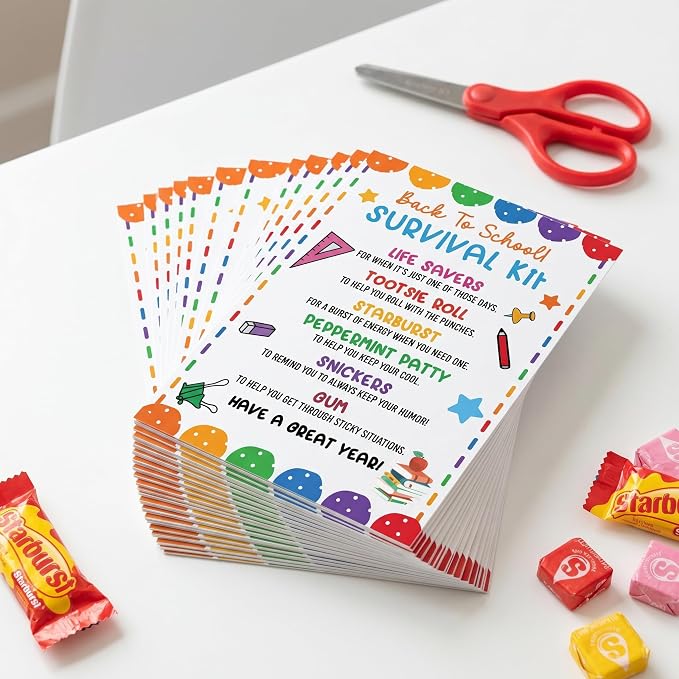 30 PCS Back to School Survival Kit,3.5x5 Inch Teacher Gift Insert Cards for Students,Back To School Student Treat Tags,First Day of School Classroom Welcome Supplies-BTSC02
