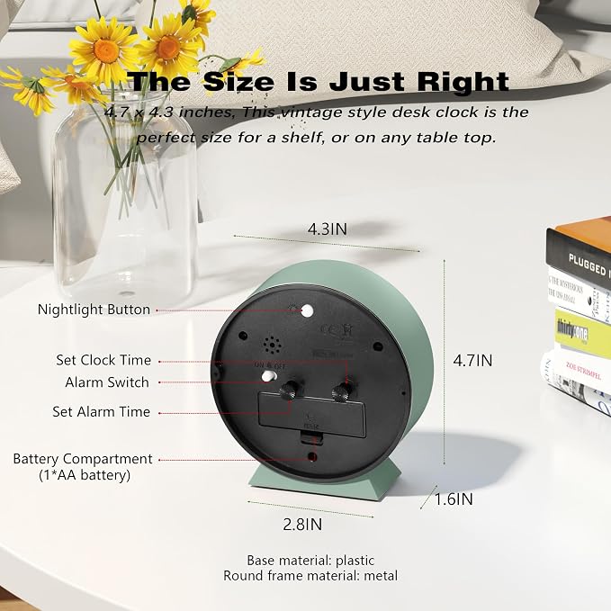 AYRELY® 4.5" Analog Alarm Clock, Small Retro Desk Clock and Table Clock | Battery Operated, Silent Metal Table Clock with Light for Living Room Decor, Bedroom, Bedside and Shelf (Green)