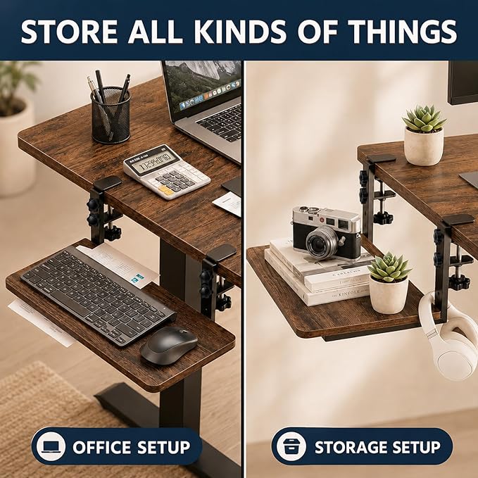 Clamp-On Desk Extender, 15 x 9.5 Inch Monitor Riser | Height options, No-drill setup, 3-in-1 use, 44 lb load, Office station, Gaming area, Brown finish