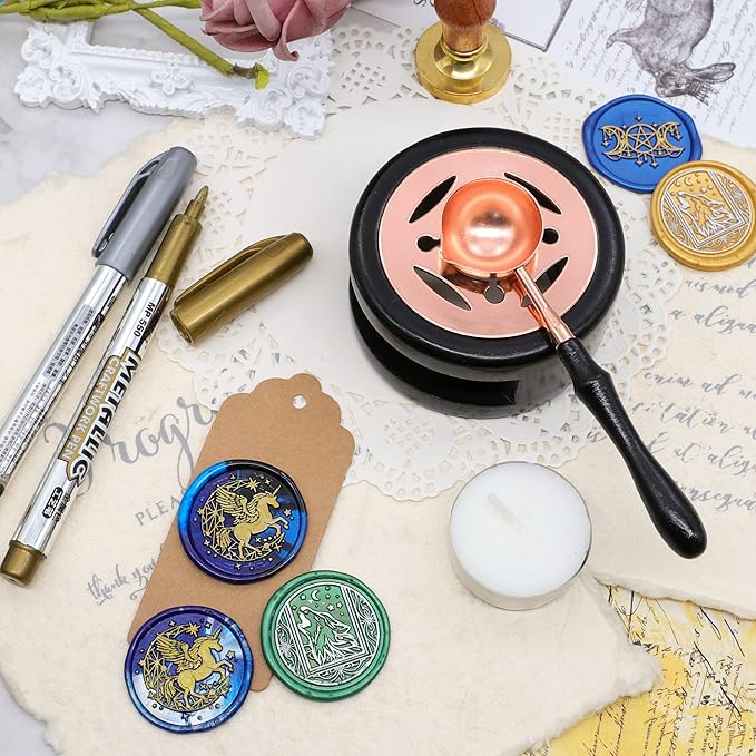 SWANGSA Wax Seal Warmer Kit, Sealing Wax Furnace Tool with 2pcs Pens, Spoon and 2pcs Candles for Wedding Invitation Envelope Letter Seals (Black)